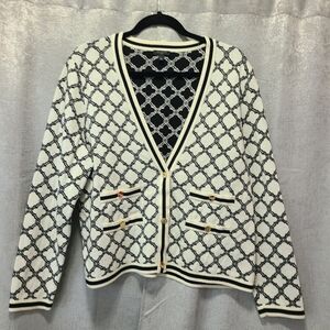 Talbots Petite‎ Black and Cream Geometric Cardigan Womens Large P